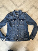 Womens Maurices Jean Jacket Size Small Metal Button Blue Denim Tan Stitc... - £19.62 GBP