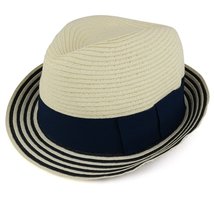 Trendy Apparel Shop Ladies Stylish Striped Brim Paper Braid Fedora with Hat Band - £23.97 GBP