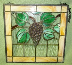 Vintage Faux Stained Glass 15&quot; X 15.5&quot; Purple Grapes Green Leaves Hanging Panel - £61.15 GBP