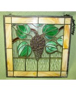 VINTAGE FAUX STAINED GLASS 15&quot; x 15.5&quot; PURPLE GRAPES GREEN LEAVES HANGIN... - £60.93 GBP