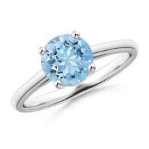 Classic Prong-Set Round Aquamarine Solitaire Ring in 14K White Gold Size 7.5 - £658.26 GBP