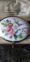 VINTAGE Large Oval Gilt Edge White Ceramic/Pot Pink Floral Printed BROOCH - £21.80 GBP