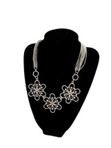 Silver Tone Multi Strand Chain Flower Rhinestone Necklace 21&quot;-17&quot; Sparkle Bling - £15.03 GBP