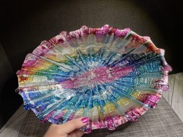 Metallic Rainbow Art Glass Bowl Serving Display Scalloped Shell Oval Texture - £23.17 GBP