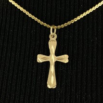 14K solid yellow gold diamond-cut cross pendant w/ vtg 16.25&quot; gold-filled chain - £39.16 GBP