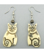 Whimsical Cats Carved Bone Dangle Earrings (BN-EAR104) - £9.38 GBP