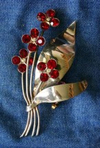 Fabulous Sterling Silver Red Rhinestone Flowers &amp; Leaf Brooch 1940s vint. 3 1/4&quot; - £28.07 GBP