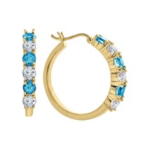 Blue Topaz, Lab Created White Sapphire 14K Yellow Gold GP Hoop Earrings - £36.02 GBP