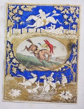 1800s antique victorian EMBOSSED fabric label MAN FALLING OFF HORSE shin... - $42.08