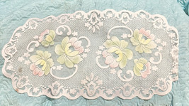 VINTAGE Floral TABLE RUNNER Pink Green Yellow White Stained See Picture - £11.86 GBP