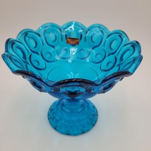 Rare LARGE LE Smith Moon &amp;Stars Colonial Blue Glass Flared Compote Dish Pedestal - $39.59