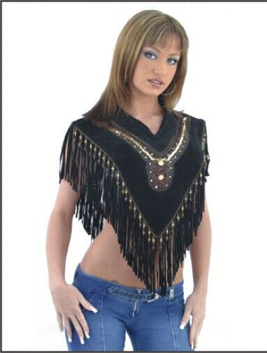 Primary image for Womens Stylish Leather Poncho Leather Top Ladies Motorcycle Sequins Beads Fringe