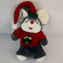 Vtg TB Trading Co Inc Plush Gray Christmas Mouse Red Sweater Green Present 12&quot; - £25.68 GBP