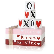 Valentines Day Decor, Wooden Sign Book Stack With 4 Xoxo Signs, Valentines Decor - £27.59 GBP