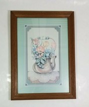Framed Tea Kettle Floral Teapot Wall Hanging 14 1/2 x 10 1/2 Cottage Country - £9.51 GBP