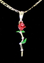 Rose Flower Cubic Zirconia Pendant 20" Figaro Necklace 14k Gold Plated Jewelry - $9.63