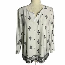 Easywear Chicos Split V 3/4 Sleeve Tunic Top M White Black Stretch Knit Diamonds - £16.61 GBP