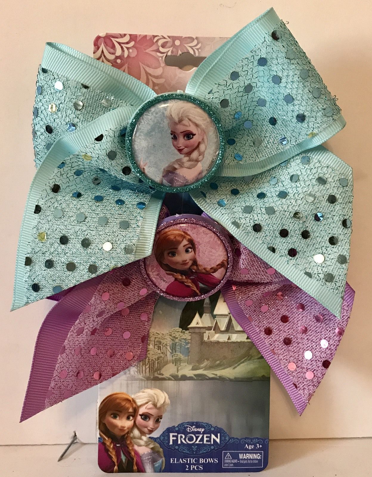 Disney Frozen Anna & Elsa Sequin Elastic Hair Bows - 2 Pieces - Ponytail Holders - $5.94