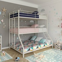 White Finish Metal Triple Bunk Bed Twin Over Full Frame with Slats Sleeps 3 Kids - £668.80 GBP