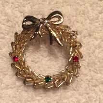 Silver Christmas Wreath Brooch With Rhinestones  - $7.00