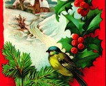 Pine Bough Sparrow Cabin Scene Christmas Greetings Embossed 1909 DB Post... - $3.91