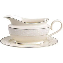 Lenox Pearl Innocence Ivory Gravy Boat &amp; Stand Sauce Platinum Bone China USA NEW - £205.66 GBP