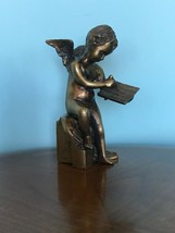Vintage Brass Bronze Cherub Angel Statue Writing On Tablet Heavy - £51.45 GBP