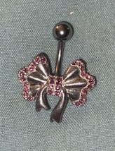 Bow Silver With Pink Stones 1”  14 Gauge Belly Button Ring Surgical Stee... - £4.45 GBP