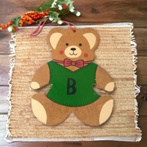 Christmas Teddy Bear Ornament Wooden Die Cut Handpainted Cabin Rustic Farmhouse - $12.86