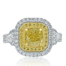 GIA Certified 2.43 Ct Cushion Yellow Diamond Engagement Ring 18k White Gold - £5,350.57 GBP