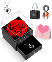 Mothers Day Gift for Mom Wife, Preserved Rose with Necklace Heart I Love You in - £34.22 GBP