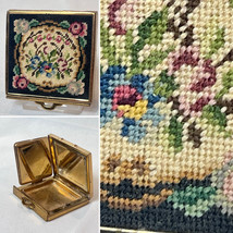 Vtg Compact Petit Point Embroidered Floral Unbranded Mirrored Powder Box - £23.70 GBP