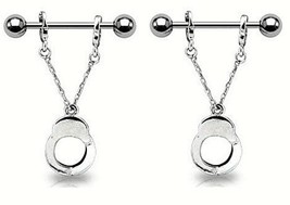 Handcuff Piercing Bar &amp; Chains Pair 14g (1.6mm ) Surgical Steel Kink Sexy Adult - £10.36 GBP