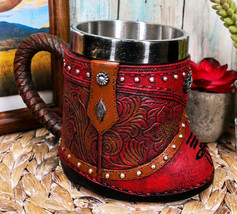 Rustic Western Cowgirl Boot W/ Lone Star Floral Faux Tooled Leather Coffee Mug - £24.37 GBP