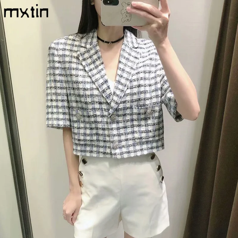 MXTIN 2021 Women Summer Vintage Plaid Single Breasted Blazers Suit  Pockets Shor - £150.75 GBP