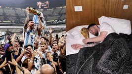 Lionel Messi Celebration &amp; Sleeping Trophy World Cup Champions  8x12 Color Photo - £5.30 GBP