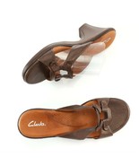 Clarks Brown Leather High Heel Sandals Slides Shoes Womens 10 Open Toe S... - £23.64 GBP