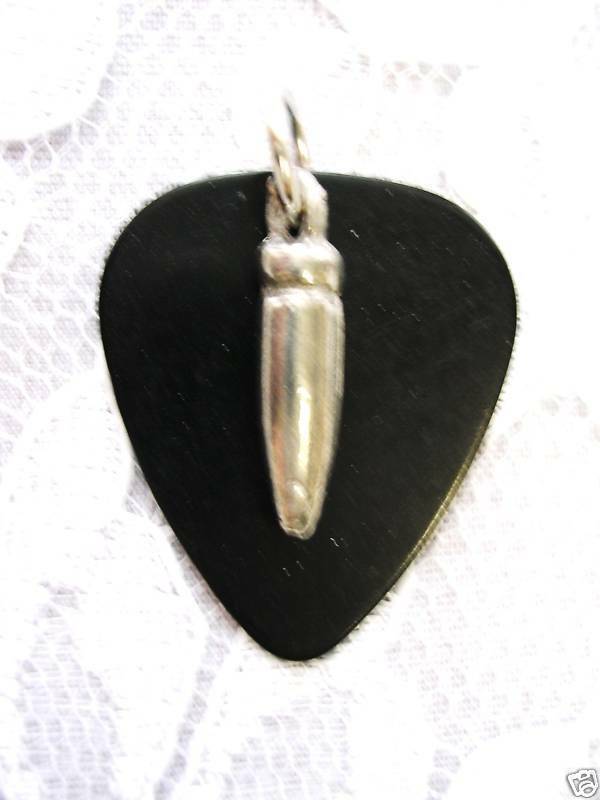 NEW SOLID BLACK GUITAR PICK PEWTER BULLET CHARM PENDANT