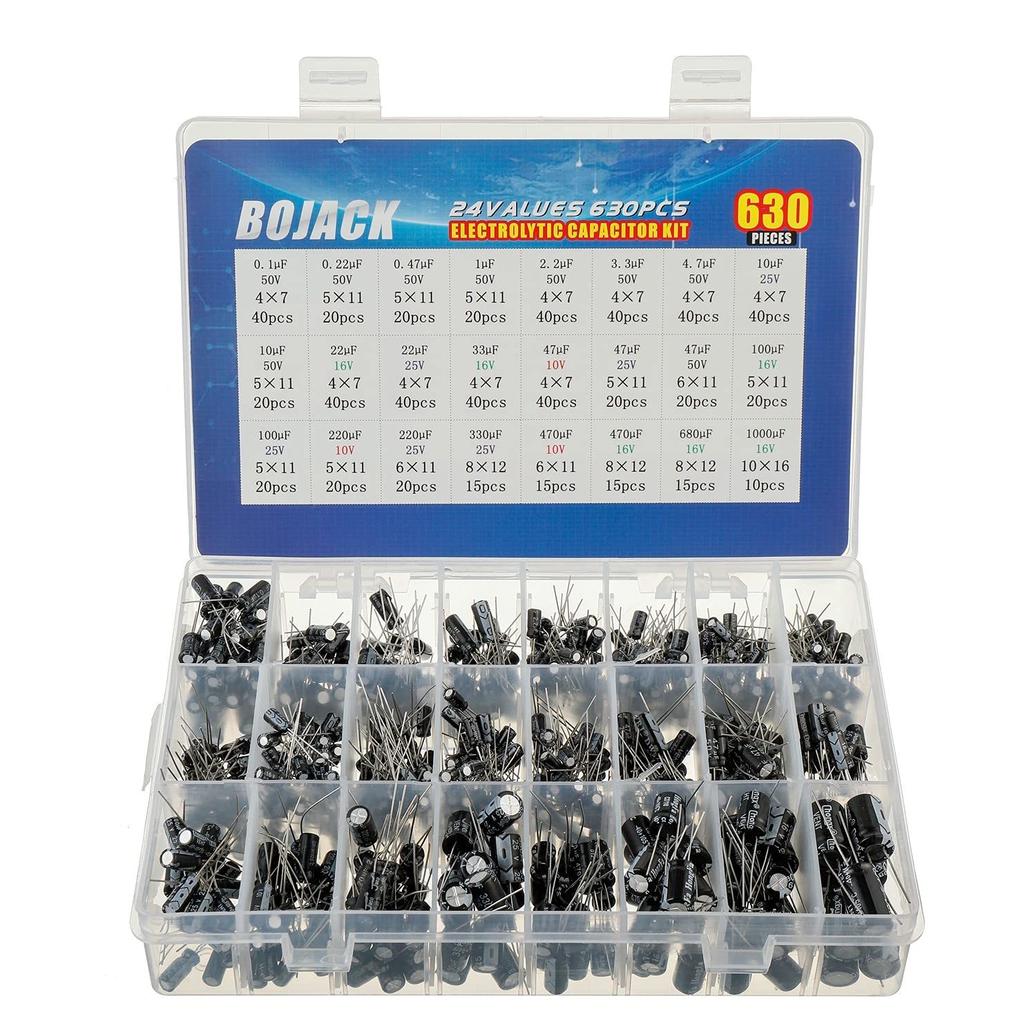 Bojack 24Value 630 Pcs. Aluminum Electrolytic Capacitor Assortment Box, ... - $31.59