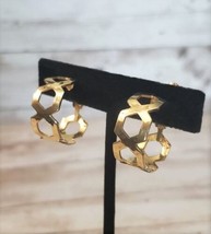 Vintage Clip On Earrings Chunky Gold Tone Cut Out Hoops - £11.77 GBP