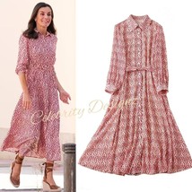 Spanish Queen Letizia Inspired Red Aztec Cotton Button-Down Belted Shirt Dress - $119.20