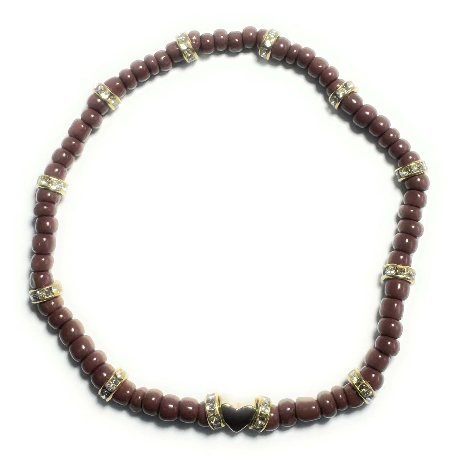 Brown Beaded Stretchy Anklet with Gold Plated Spacers and Heart - $5.99