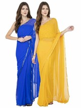 Women Chiffon Ethnic Dress Saree with Blouse Piece Color Yellow &amp; Royal Blue 2Pc - £24.65 GBP