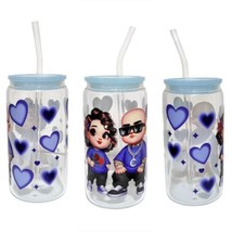 Chicano Hearts Clear Glass Tumbler Cup 16 oz UV DTF Blue Design Glass Straw - £15.82 GBP