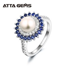 Natural Freshwater Pearl Sapphire Sterling Silver Women's Ring Round 7mm Pearl C - £45.57 GBP