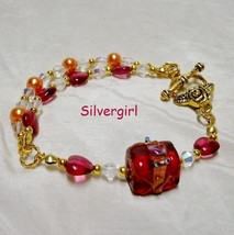 Red Gold Crystal Glass Heart Lampwork Double Strand Bracelet - £21.57 GBP