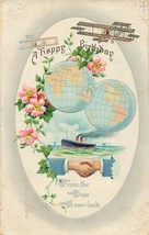 Happy Birthday-Bi Planes-Steamer Ship-Globes-Handhake ~1912 B Londra Cartolina - £8.15 GBP
