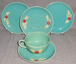 5 pc Coors Pottery GREEN ROSEBUD PATTERN One Cup - Four Saucers COLORADO - $39.59