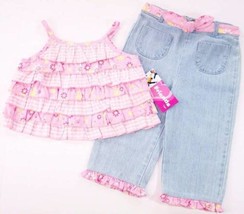 NWT Just Friends Girl&#39;s 2 Pc Pink Tiered Top &amp; Denim Jeans Pants Set, S (4), $29 - £7.80 GBP