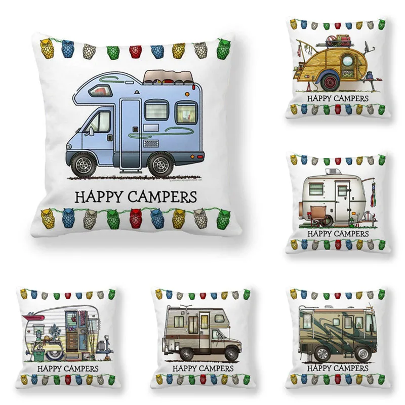 Happy Camper Pillow Case Owl Camper Throw Pillow Case Cover Decorative - $12.84